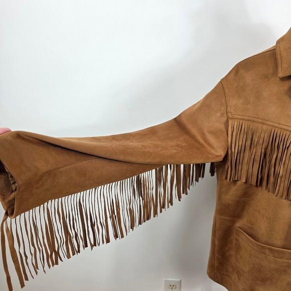 Abercrombie & Fitch Fringe Jacket Women Large Tan Vegan Suede Western Boho NEW - Picture 9 of 12